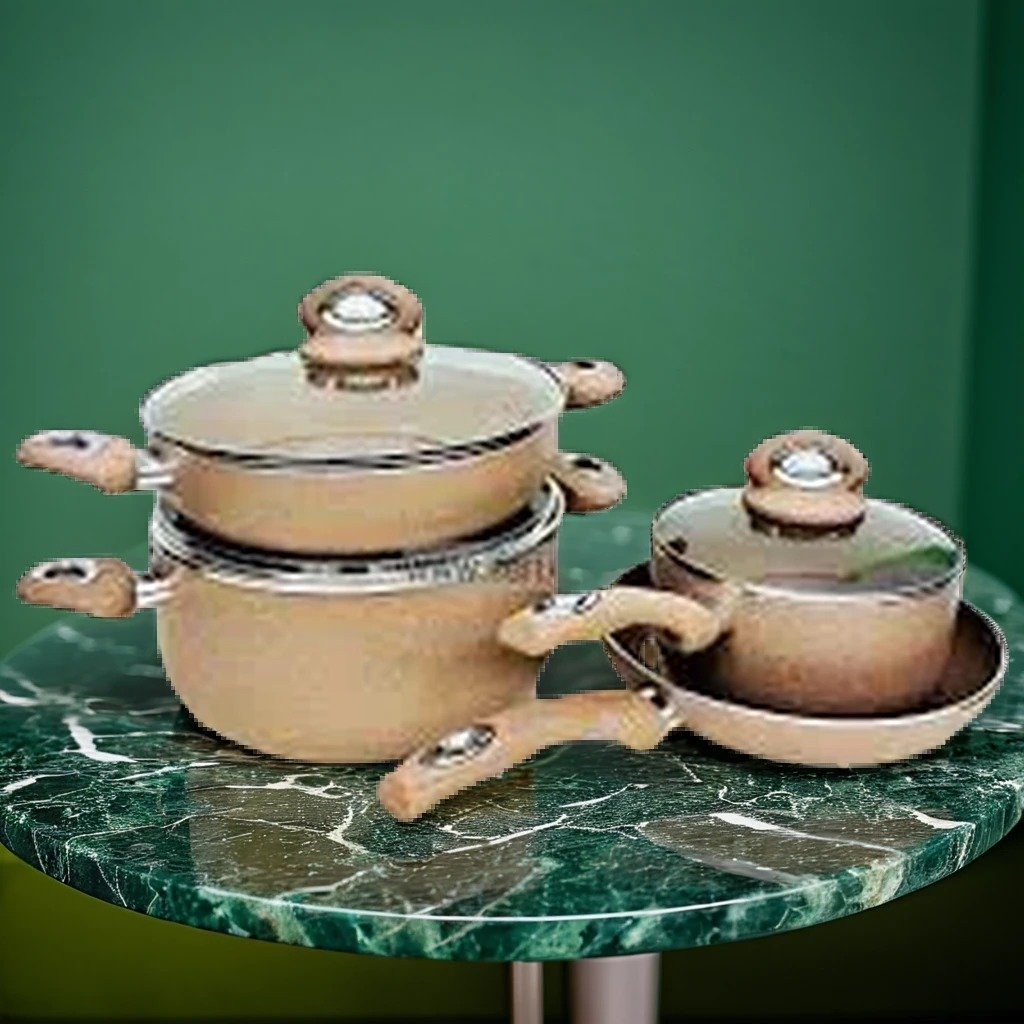 Disnie 3 Microlayer Marble Coating Nonstick Induction Bottom Cookware Set - Brown - 7 Pcs ( 85% Oil Free)