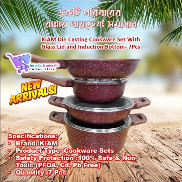 KIAM Die Casting Cookware Set With Glass Lid and Induction Bottom- 7Pcs