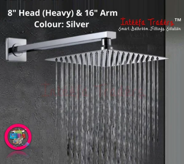 Rain Shower Head, Modern Ultra-thin Stainless Steel Rainfall Shower head for Bathroom, 8 inches, Square, Chrome & 16 inches Ceiling Mounted Shower Head Arm Bathroom Shower Head Bracket Bar G1/2 Shower Head Fixed Pipe Shower Head Holder