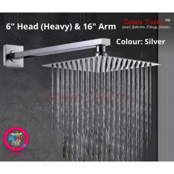 Rain Shower Head, Modern Ultra-thin Stainless Steel Rainfall Shower head for Bathroom, 6 inches, Square, Chrome & 16 inches Ceiling Mounted Shower Head Arm Bathroom Shower Head Bracket Bar G1/2 Shower Head Fixed Pipe Shower Head Holder