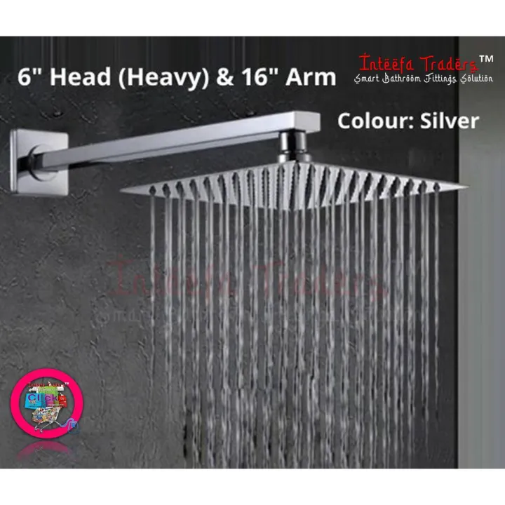 Rain Shower Head, Modern Ultra-thin Stainless Steel Rainfall Shower head for Bathroom, 6 inches, Square, Chrome & 16 inches Ceiling Mounted Shower Head Arm Bathroom Shower Head Bracket Bar G1/2 Shower Head Fixed Pipe Shower Head Holder